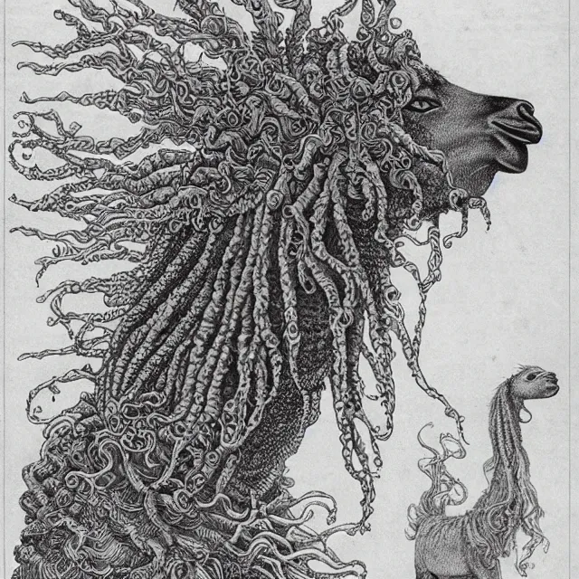 Prompt: llama with dreadlocks, by otomo katsuhiro, ernst haeckel, james jean