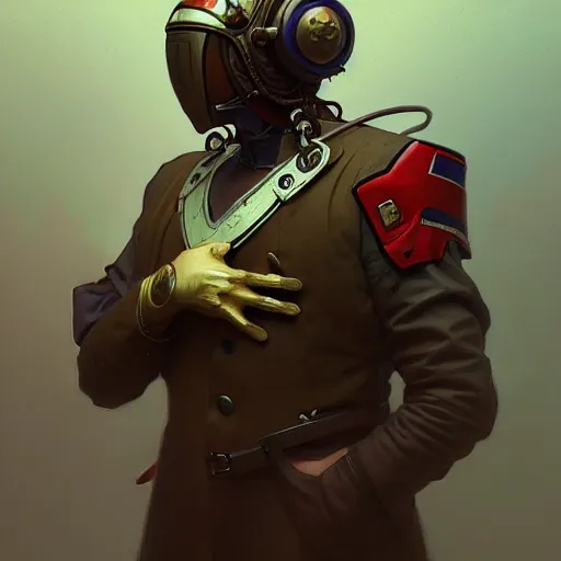 Prompt: portrait of a vicotrian doctor in suit with helmet by darek zabrocki and greg ruthkowski, alphonse mucha, simon stalenhag and cinematic and atmospheric, concept art, artstation, trending on artstation