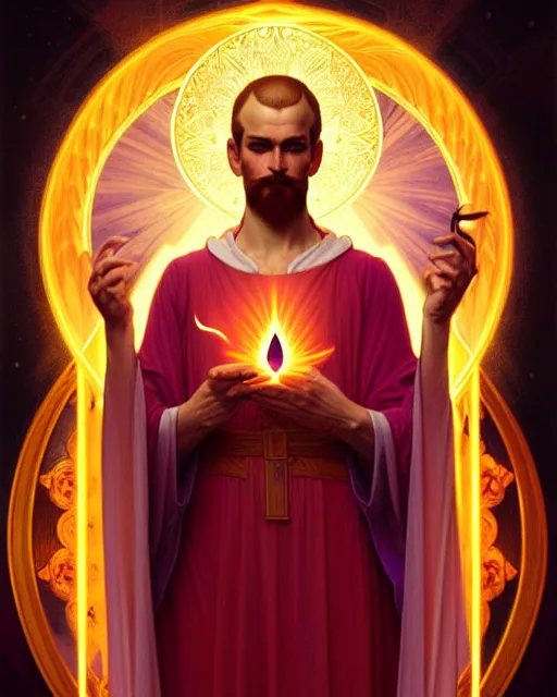 Prompt: symmetry portrait of saint germain holding a violet flame, intricate, elegant, highly detailed, digital painting, artstation, concept art, smooth, sharp focus, illustration, art by artgerm and greg rutkowski and fra angelico and alphons mucha