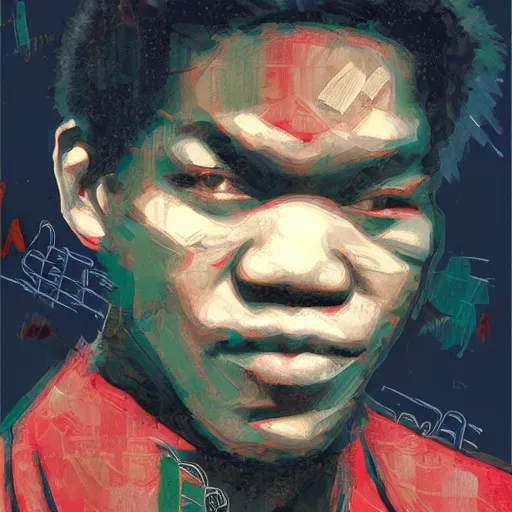 Image similar to joe louis on dollar bill by basquiat, trending pixiv fanbox, acrylic palette knife, style of makoto shinkai takashi takeuchi yoshiyuki sadamoto, fantasy character portrait, ultra realistic vfx, intricate details, artifacts, highly detailed,, highly detailed, cinematic lighting, unreal