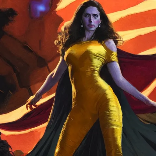 Image similar to alison brie as thanos, intricate, elegant, highly detailed, greg manchess, mucha, liepke, ruan jia, jeffrey catherine jones, ridley scott