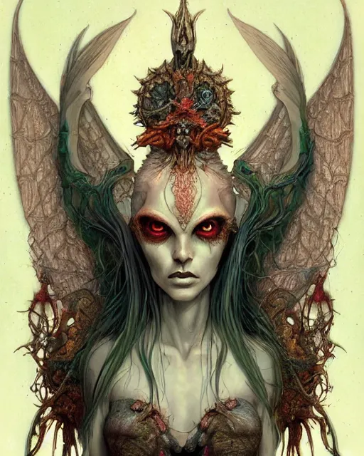 Image similar to perfectly centered portrait front view of a angry dead rotten beautiful female angel growing ornamentation all around, ornate, detailed, symmetrical, elegant, beautifully soft lit, by wayne barlowe, peter mohrbacher, kelly mckernan