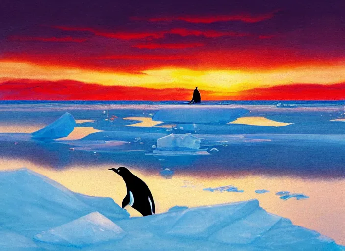 Prompt: a penguin sliding on the ice floe, by makoto shinkai, highly detailed, sunset light