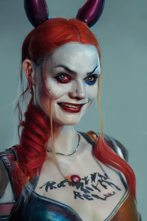 Prompt: a portrait of a very detailed Harley Quinn by Greg Rutkowski, Sung Choi, Mitchell Mohrhauser, Maciej Kuciara, Johnson Ting, Maxim Verehin, Peter Konig, final fantasy , mythical, 8k photorealistic, cinematic lighting, HD, high details, atmospheric,