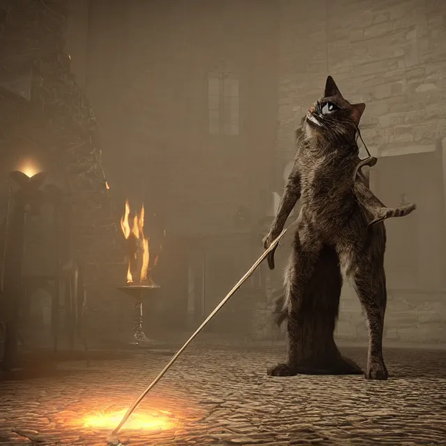 Prompt: a cat boss in dark souls, volumetric, realistic, cinematic lighting, ray tracing, unreal engine 5, unreal engine render, octane render, hyper realistic, photo, 8 k