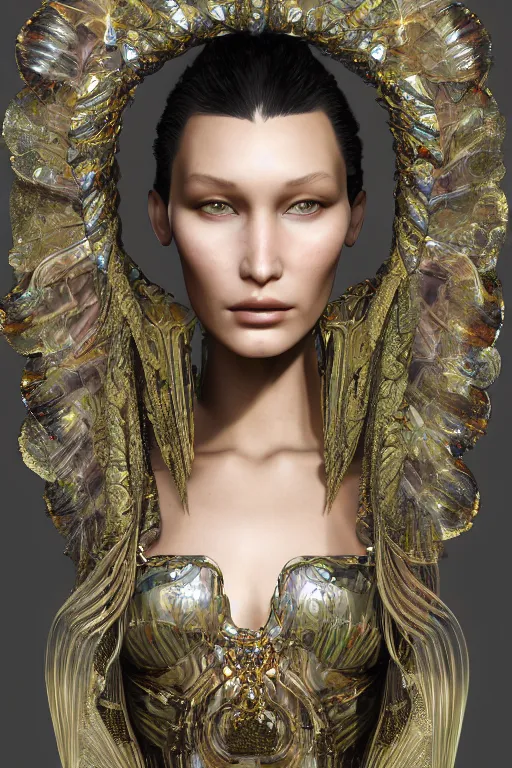 Image similar to a highly detailed render portrait of a beautiful alien goddess bella hadid in iris van herpen dress schiaparelli in diamonds in style of alphonse mucha trending on artstation made in unreal engine 4