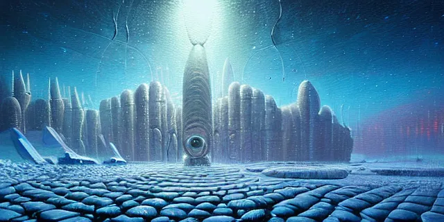 Image similar to painting artic snow covered alien mushroomlabyrinth consuming futuristic mega city from blade in the style of nebulapunk by tomasz alen kopera and daniel lieske with futuristic castle by simon stahlenhag