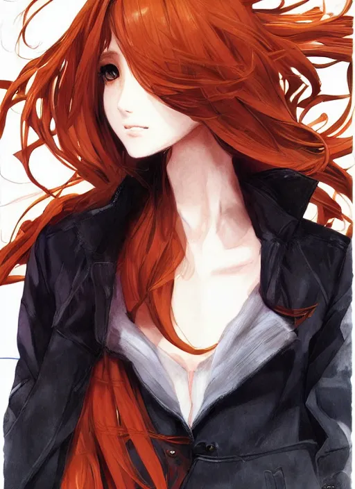 Image similar to portrait illustration by shigenori soejima, beautiful foxgorl, focus on face, pretty, cinematic lighting, painterly, long wavy orange hair, light brown trenchcoat