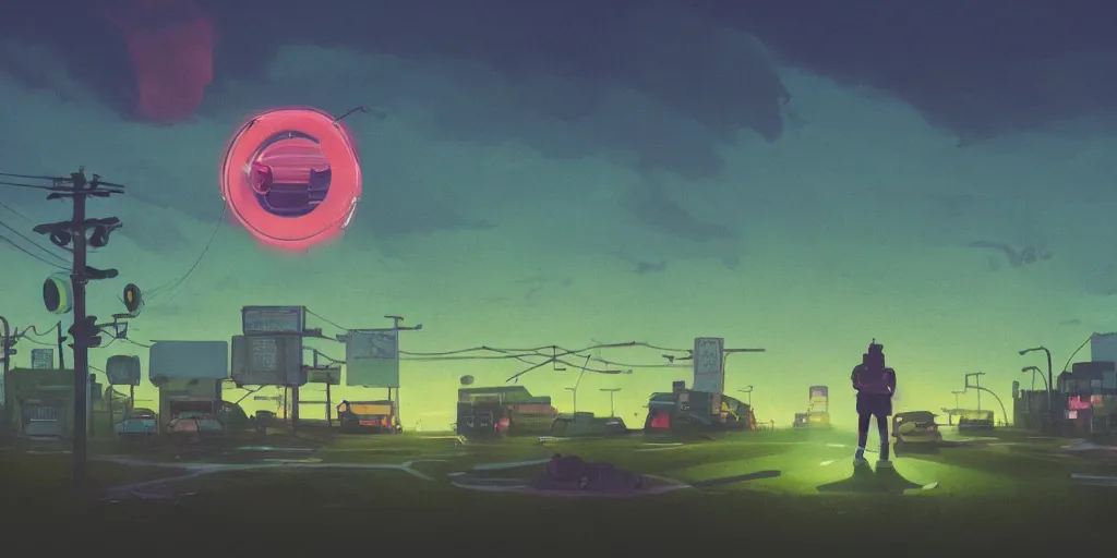 Image similar to Portrait using the Rule of Thirds,alien frogs, focusing on an alien frog invasion, the sun is exploding, Portrait, Very Cloudy Sky, Sun, Neon Lights, Rule of Thirds, perspective, Retrofuturism, Studio Ghibli, Simon Stålenhag