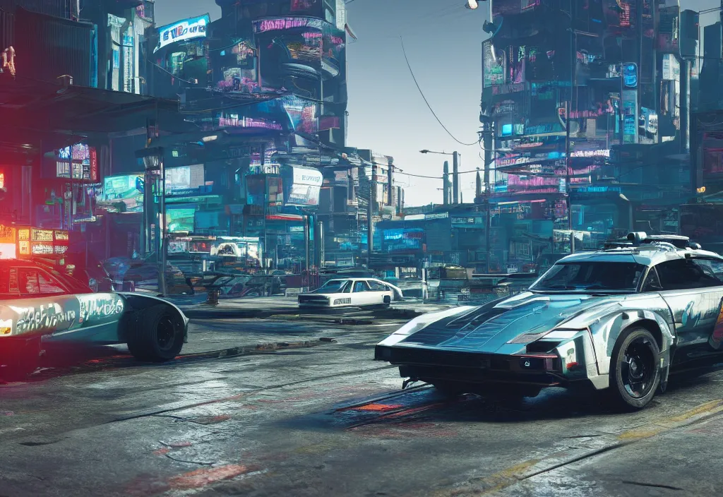 Image similar to screenshot of a car in cyberpunk 2077, 4k render, detailed, unreal engine