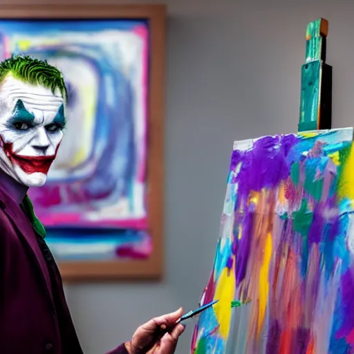 Image similar to photograph of the joker ( 2 0 1 9 ) as a professional artist, standing at an easel with paint, photograph, 3 5 mm, 8 k