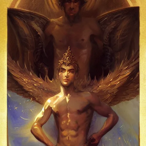 Image similar to attractive male deity casts light spell, summons attractive male lucifer morningstar. highly detailed painting by gaston bussiere, craig mullins, j. c. leyendecker 8 k