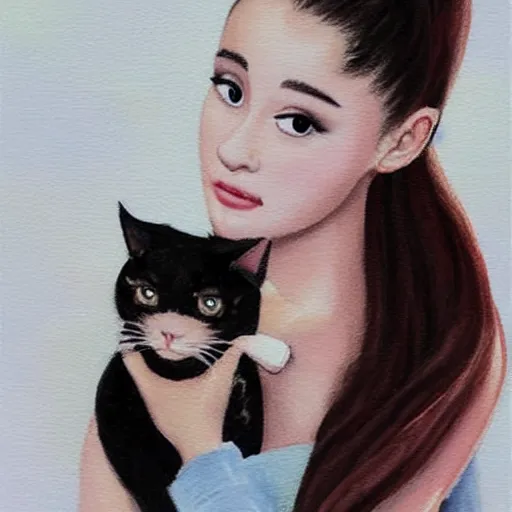 Image similar to ariana grande holding an extremely annoyed, hissing cat, painting by 奈 良 美 智