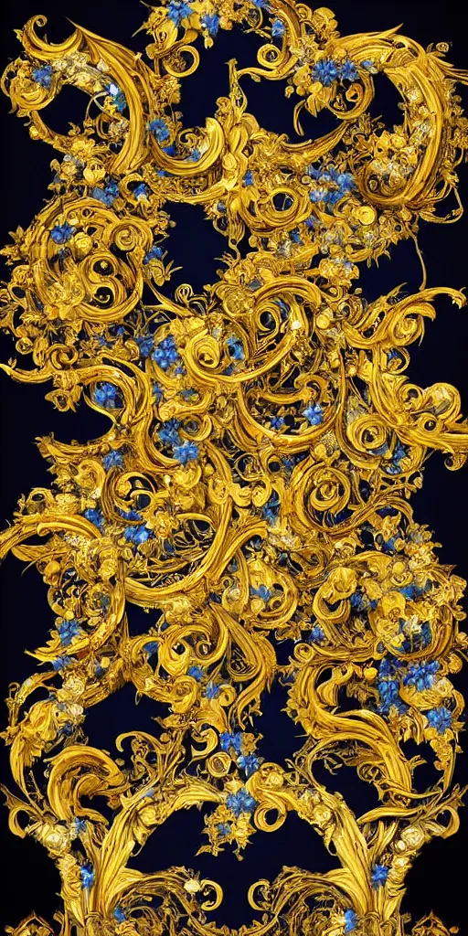 Prompt: black blue yellow, complicated gold and blue flowers the baroque style decoration, dark fantasy, intricate, elegant, highly detailed, digital painting, artstation, concept art, matte, 3 d 8 k octane rendered, sharp focus, illustration, octane rendered, art by artgerm