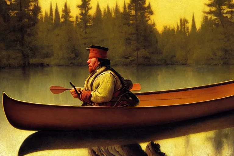 Image similar to fur trader in a canoe, 1 8 5 0. illustrated by n. c. wyeth. oil painting, highly detailed, centered, digital painting, artstation, romantic, concept art, smooth, sharp focus, illustration, artgerm, tomasz alen kopera, frans hals, drew struzan