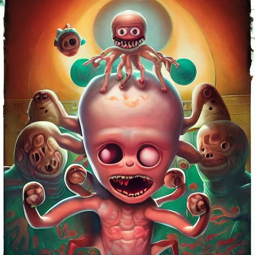 Image similar to Lofi horror, a baby monster with six arms, six arms, monster,chalk, Pixar style, Tristan Eaton, Stanley Artgerm, Tom Bagshaw, Basil Gogos