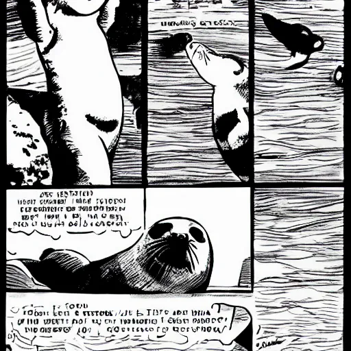 Image similar to baby seal crying, yelling into the sky, close up, comic book by frank miller