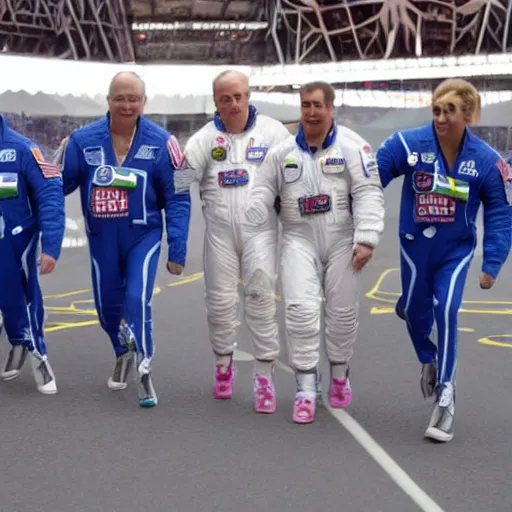 Image similar to 5 space astronauts in spacesuits of different colors, running in a relay race in a stadium, olympic games