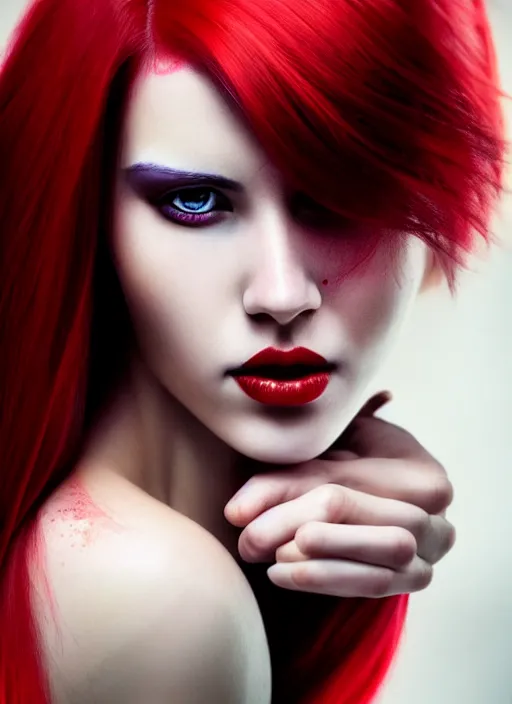 Image similar to photo of gorgeous woman with red and white half dye hair in the style of stefan kostic, realistic, half body shot, sharp focus, 8 k high definition, insanely detailed, intricate, elegant, art by stanley lau and artgerm, foggy backgeound