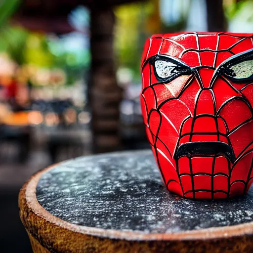 Image similar to a closeup photorealistic capture of glossy spider man style tiki mug at an outdoor trader vic's bar featuring the face of spider man. tiki theme. bright scene. fine detail. this 4 k hd image is trending on artstation, featured on behance, well - rendered, extra crisp, features intricate detail, epic composition and the style of unreal engine.