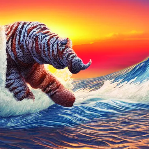 Image similar to a closeup photorealistic photograph of a smiling cute knitted tiger hippopotamus riding a large wave during sunset. surf in the background. professional capture. brightly lit scene. this 4 k hd image is trending on artstation, featured on behance, well - rendered, extra crisp, features intricate detail, epic composition and the style of unreal engine.