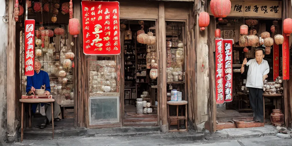 Prompt: ancient chinese traditional medicine shop with an old chinese man holding a jar, photography