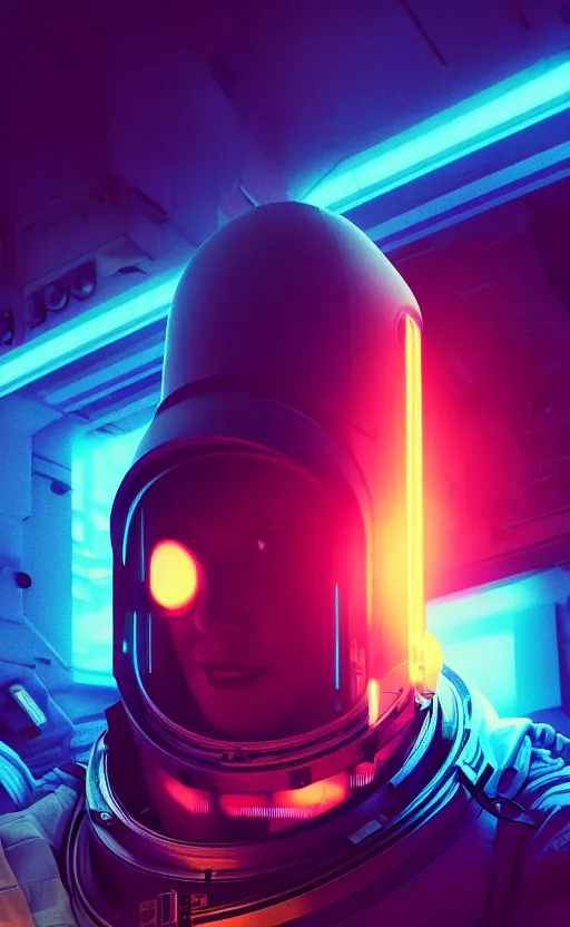 Image similar to professional photo of astronaut looking in the camera from low angle shot, cyberpunk background, blade runner, hyperrealistic masterpiece, trending on artstation, cgsociety, kodakchrome, golden ratio, cinematic, composition, beautiful lighting, hyper detailed, sharp focus, octane render, 4 k, unreal engine