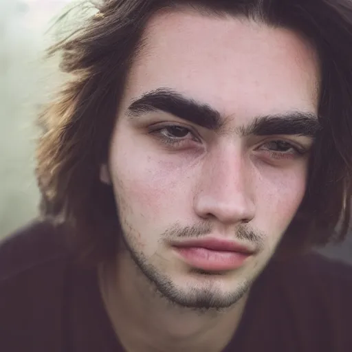 Prompt: portrait of 2 2 year old man with long messy brown hair, long face, strong brow