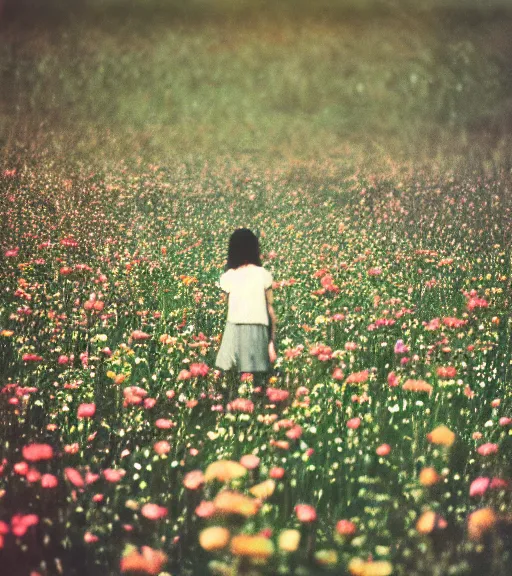 Image similar to mystical dark death god standing in tall meadow of flowers, distant, vintage film photo, grainy, high detail, high resolution