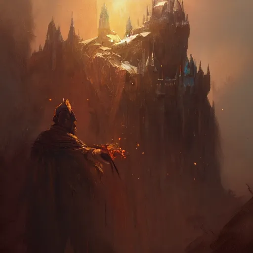 Image similar to portrait of a sorcerer, dungeons and dragons character, castle background, gorgeous view, realistic, high detail, digital art, painted by greg rutkowski, painted by jeremy mann, trending on artstation
