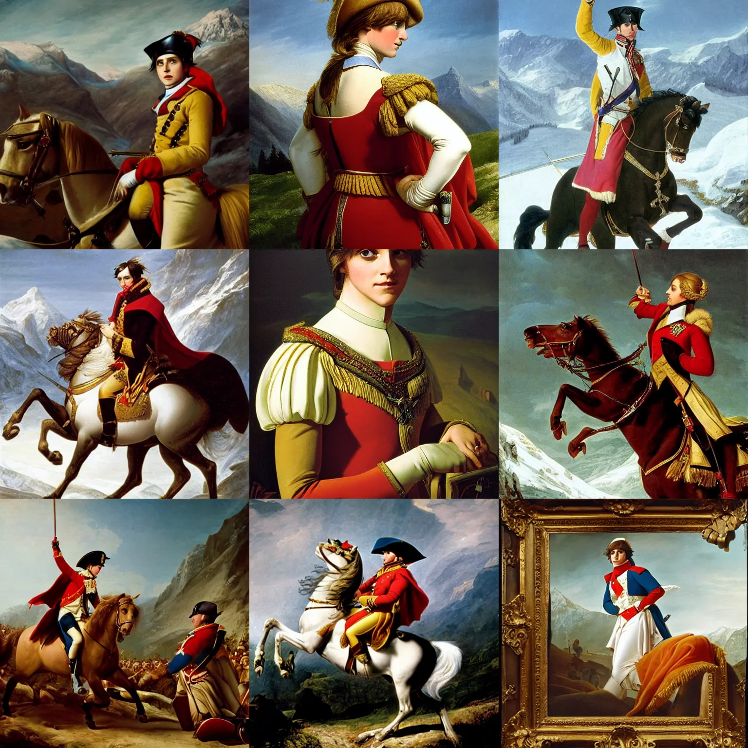 Prompt: emma watson as napoleon in napoleon crossing the alps by jacques - louis david