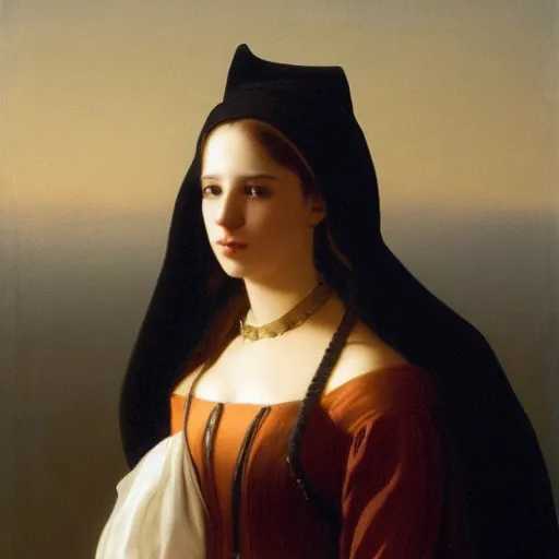 Prompt: portrait of a young women wearing a black cloak, the background is a burning city, highly detailed painting by aivazovski 8 k