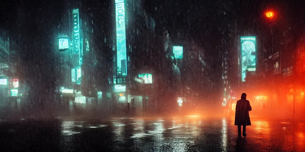 Prompt: a cinematic shot of a man in a trench coat walking down a foggy city street at night, wet streets, in the style of blade runner, colorful, neon