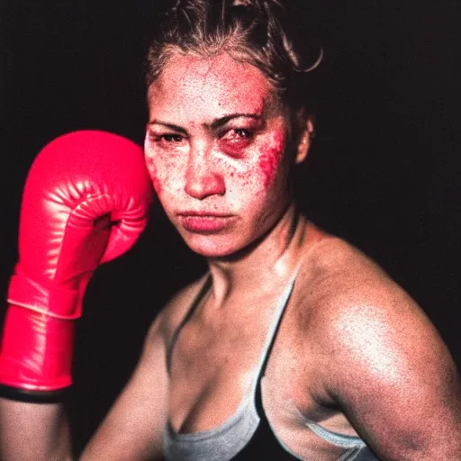 Prompt: close up portrait of woman boxer after boxing with brews blood sweating, photography photojournalism, very grainy image, neon light, 80mm lens, close up portrait polaroid