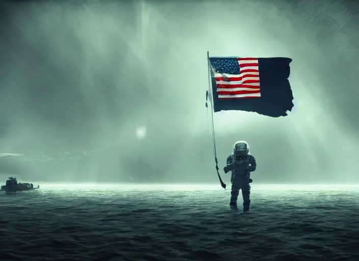 Image similar to astronaut holding a flag in an underwater desert. a submarine is visible in the distance. dark, concept art, cinematic, dramatic, atmospheric, 8 k, trending on artstation, blue, fish, low visibility, fog, ocean floor, christopher nolan, interstellar