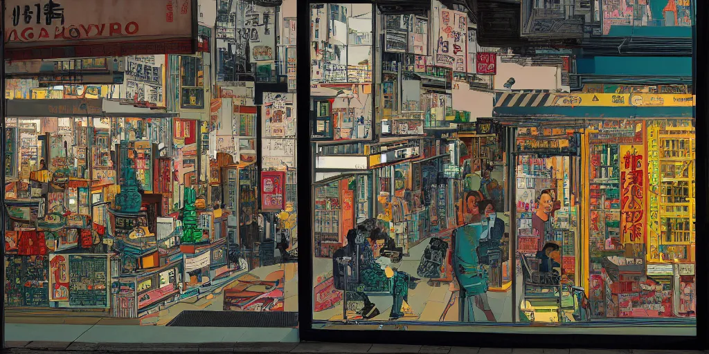 Image similar to a shop window in hong kong, by dan mumford and peter doig and edward hopper, minimal, black in, thick lines highly detailed, muted colours, overlaid with chinese adverts, 8 k