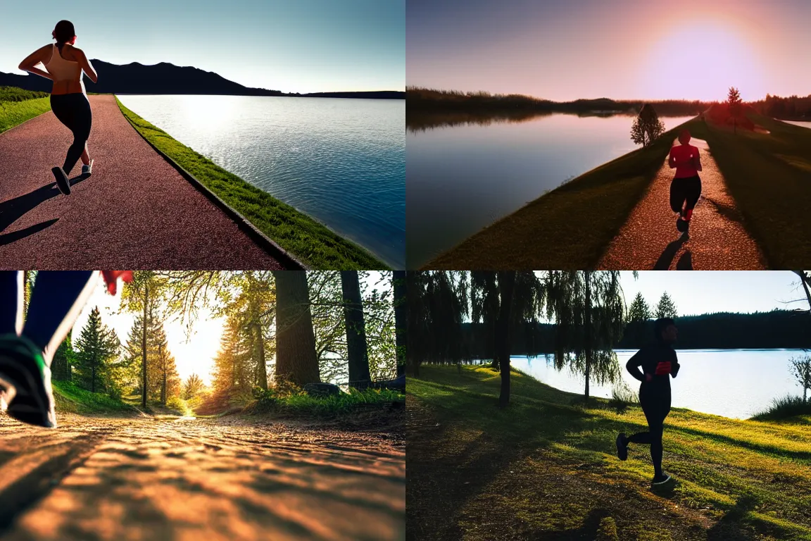 Prompt: a first person pov of a person jogging next to a lake during the morning, photorealistic