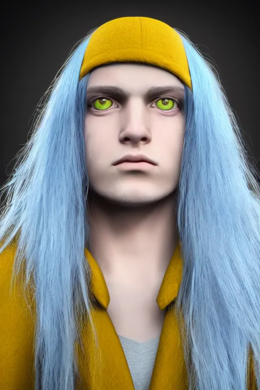 Image similar to a male teenager with long blue hair and yellow eyes wearing a winter overcoat, hyperrealistic, concept art, octane render, unreal engine 5, trending on artstation, high quality, 8 k, highly detailed, digital art, anatomically correct, symmetrical, realistic and defined face, high coherence, path traced, face portrait, yellow eyes, blue hair