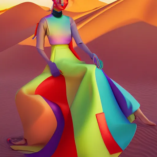 Image similar to innovative avant-garde art, deco fashion, asian women, wearing rainbow color, highly detailed, photo-realistic portrait, serene desert setting, golden hour, crisp quality and light reflections, unreal engine 5 quality render