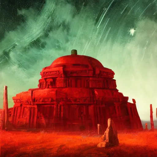 Image similar to red ancient temple, green hills, star trails, dramatic lighting, artstation, matte painting, caspar david friedrich, simon stalenhag