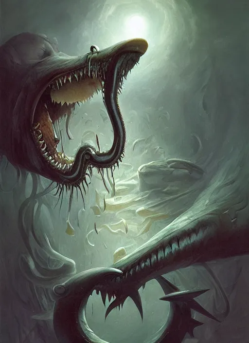 Image similar to a vampire!!!! with a sea lamprey!!!! mouth!!!, in the styles of ( national geographic ), peter mohrbacher, gerald brom, and marc simonetti, intricate, hyperrealistic, volumetric lighting