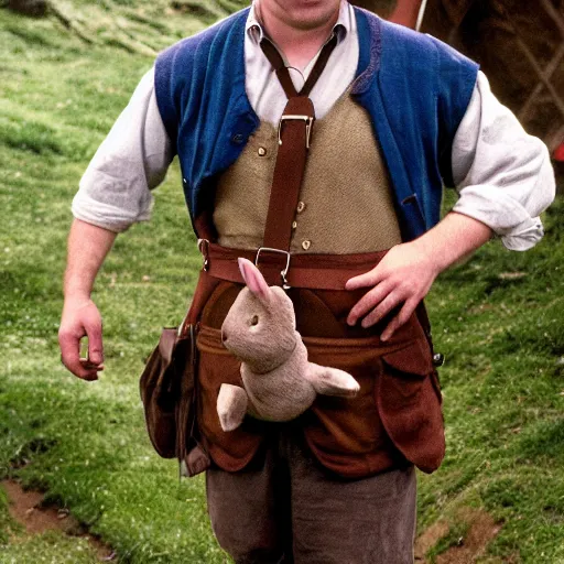 Image similar to surly clean shaven pudgy British lad with short curly dark brown hair as a hobbit wearing a white men's crossbody sling chest bag and blue vest standing next to a giant rabbit, blue vest! white crossbody chestbag! high resolution film still, movie by Peter Jackson