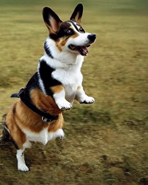 Image similar to photos of warriors riding happy looking corgi dogs into battle, photorealistic, cinematic, in the style of peter jackson