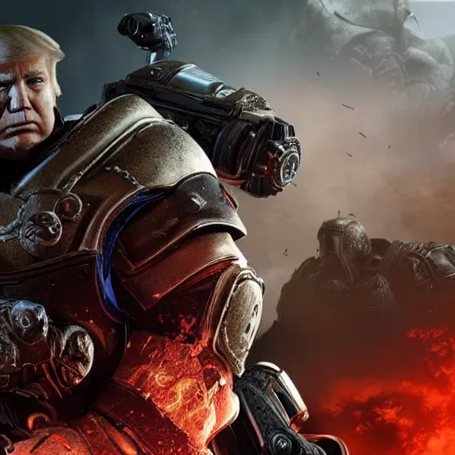 Image similar to Photo portrait of Donald Trump as Crusader!! in Gears of War, splash art, movie still, detailed face, photorealistic facial features, cinematic lighting, dramatic, octane render, long lens, shallow depth of field, bokeh, anamorphic lens flare, 8k, hyper detailed, 35mm film grain