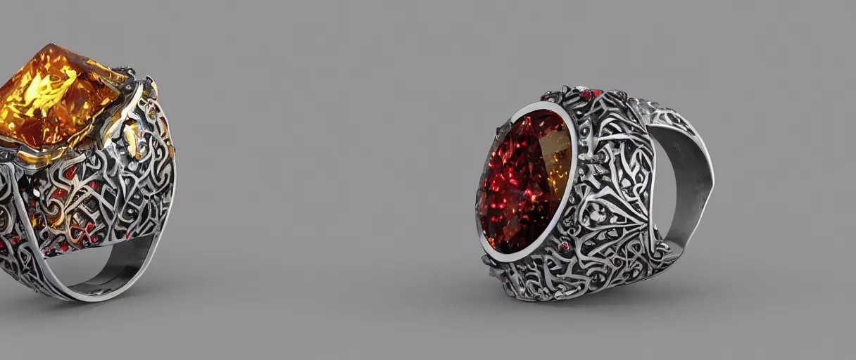 Image similar to magic crystal ring, fire, stone, crystal, engravings, diamonds, colorful, art by gerald brom, greg rutkowski, photo realism, unreal engine, c 4 d