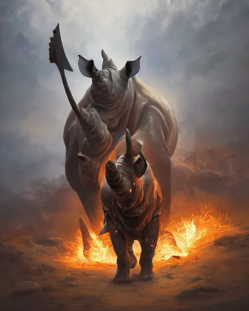 Image similar to oil painting of Anthropomorphized Rhino, wearing fur cloak, sharp focus, holding gigantic burning Axe, warrior clothes, heroic pose, dramatic artwork, fantasy style, octane render, volumetric lighting, 8k high definition, by greg rutkowski, highly detailed, trending on art Station, magic the gathering artwork, burning fire Battlefield background, centered