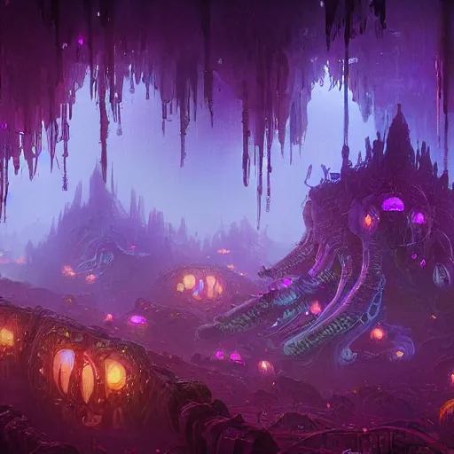 Prompt: concept art detailed painting of a dark purple fantasy fairytale fungal city made of mushrooms, with glowing blue lights, in the style of jordan grimmer and neil blevins and wayne barlowe