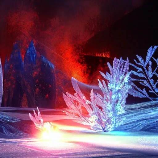 Image similar to frozen fire in cyperpunk style, high definition, lens flares
