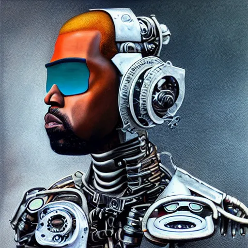 Image similar to a realistic oil painting of a cybernetic kanye west cyborg, surrealism portrait, post apocalyptic album cover