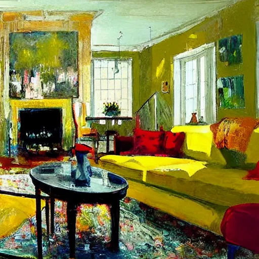 Image similar to a modern living room with green sofa, red carpet and yellow table, painting by jeremy mann